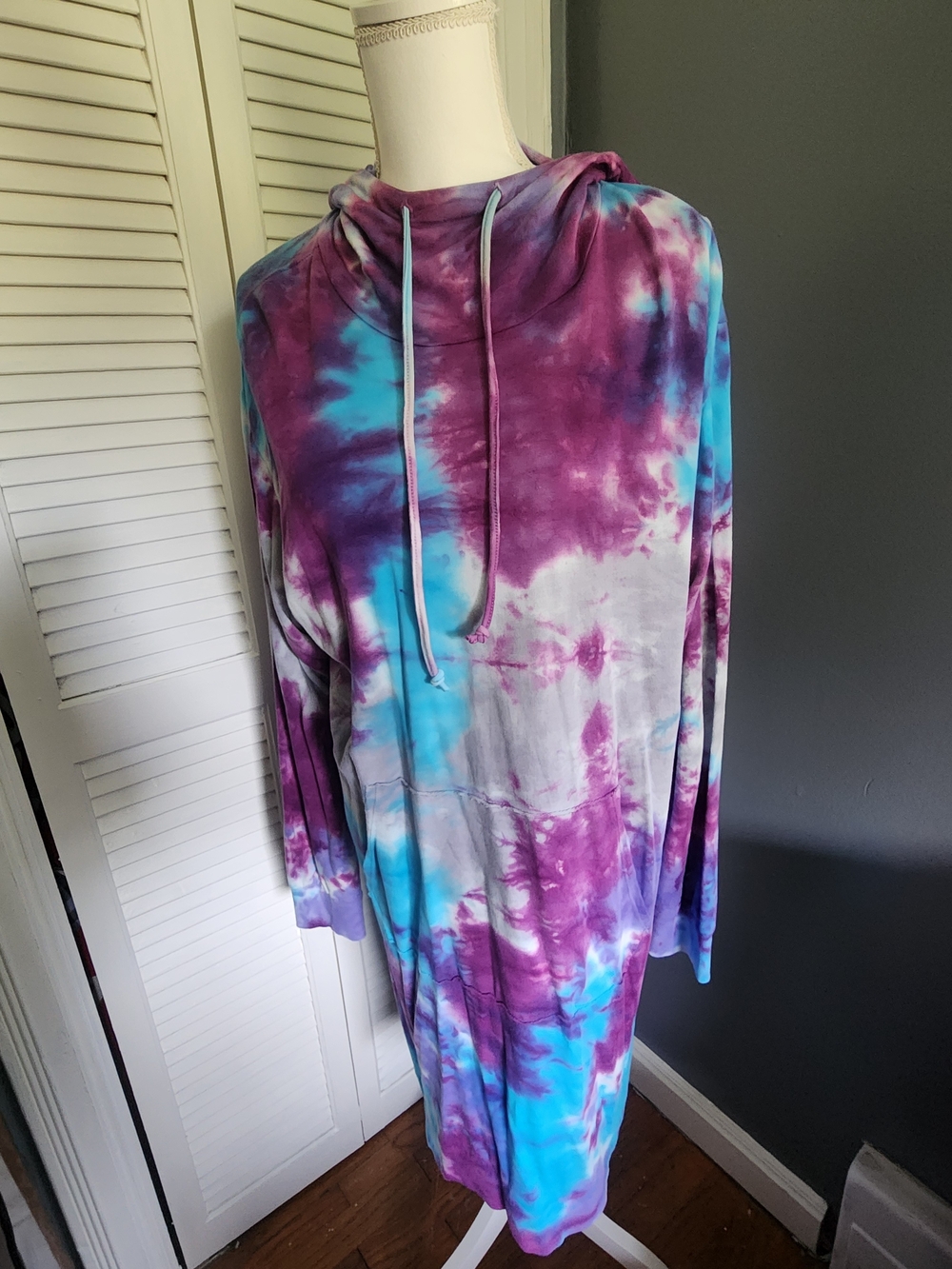 Torrid Womens  Tie-Dye Hooded Sweatshirt Dress- Purple, Grey  & Blue